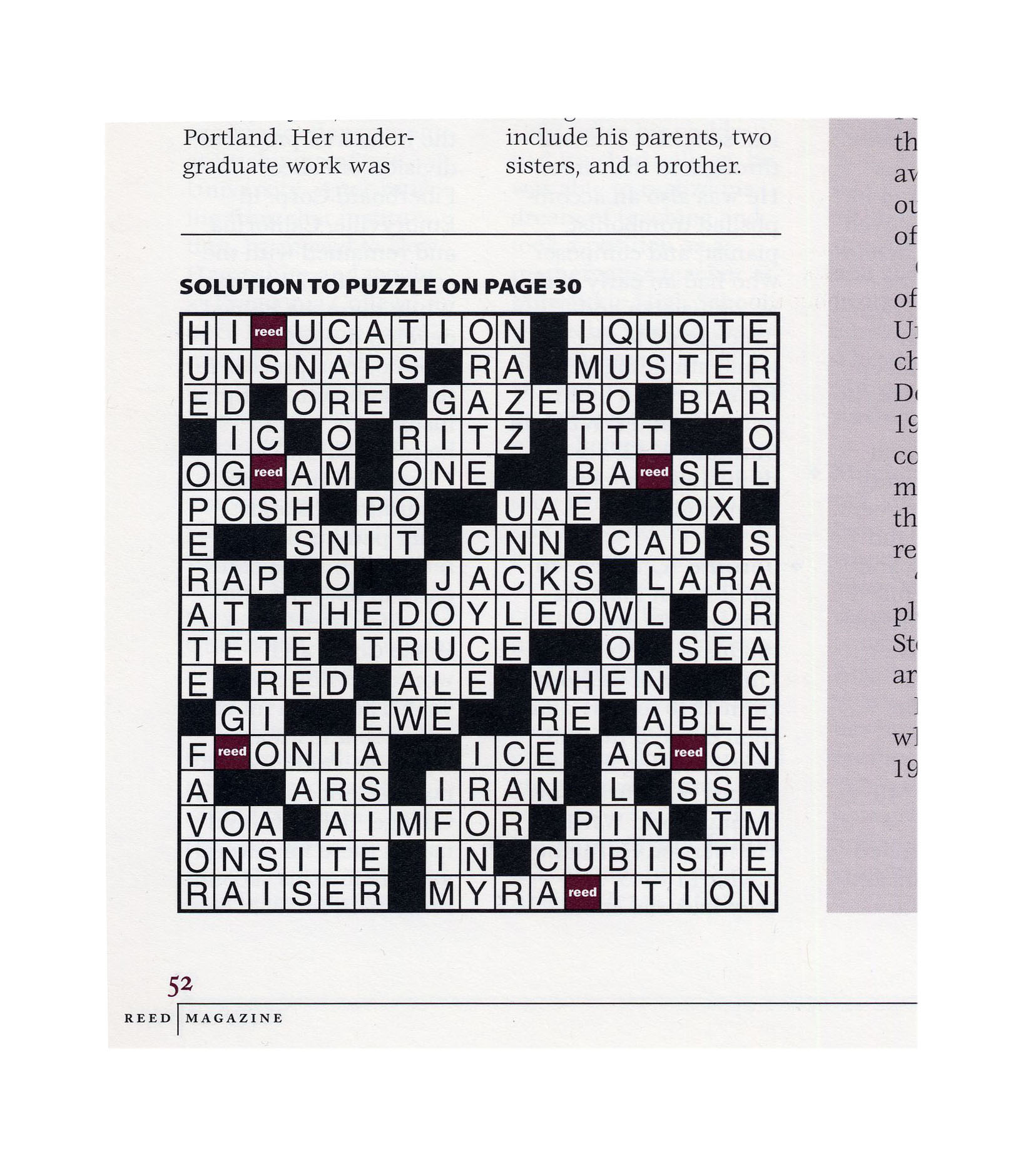 Reed Crossword Puzzle Answers